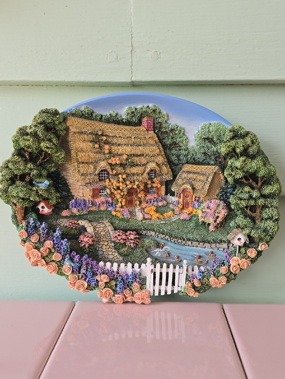 Franklin Mint Cottage Wall Plaque in Pastel Green, Pink, Blue and Tan